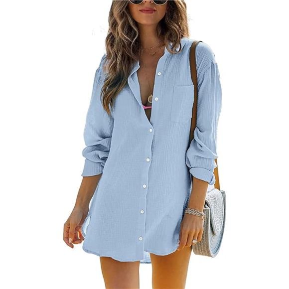 Womens Beach Cover Up Button Down Shirts Summer Cotton Gauze Tops Long Sleeve - Picture 1 of 4